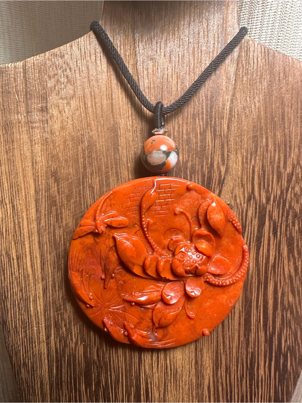 Large Round Red Agate Lotus and Dragonfly Pendant Necklace on Black Rope - Picture 3 of 13